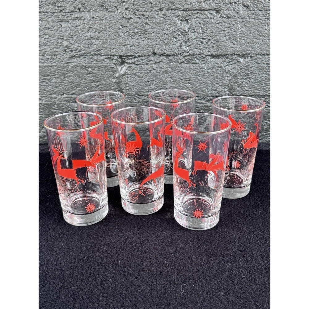 6 Rare Vintage MCM Libbey Atomic Christmas Reindeer Red Gold Highball Glasses - Picture 2 of 7